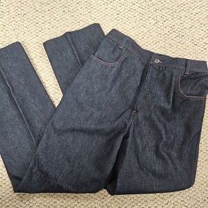 VTG Halston III Denim Jeans SZ 14 Dark Wash‎ Bareback With Pockets Red Stitching